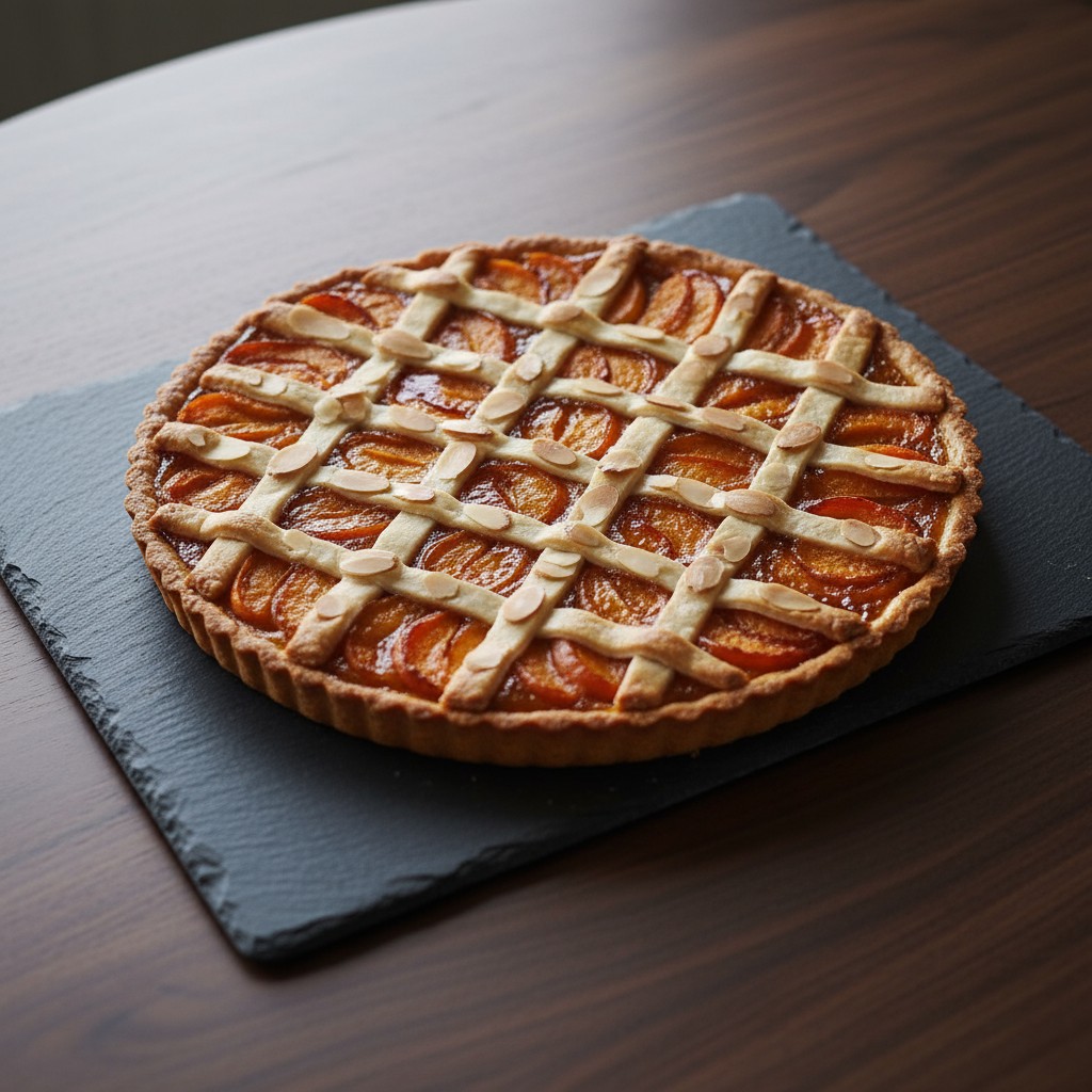 Appetizing whole baked fruit tart, sliced peach, firm crust, lattice with cut almonds. Deep black slate plate on surface w...